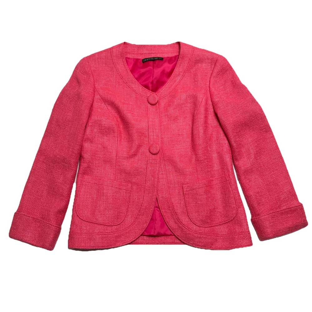 Lafayette 148 New York Hot Pink Tweed Woven Blazer Jacket Snaps Rolled Size 8/10